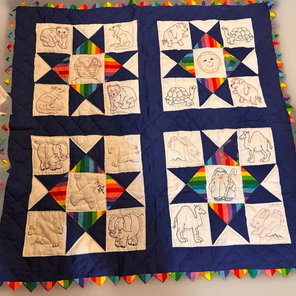 Handmade Noah’s Ark Animal Rainbow Embroidered Quilt Blanket 50x50 Vintage Style